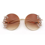 Fancy Rhinestone Floral Trim Round Circle Lens Wavy Arm Sunglasses