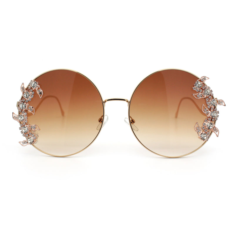 Fancy Rhinestone Floral Trim Round Circle Lens Wavy Arm Sunglasses