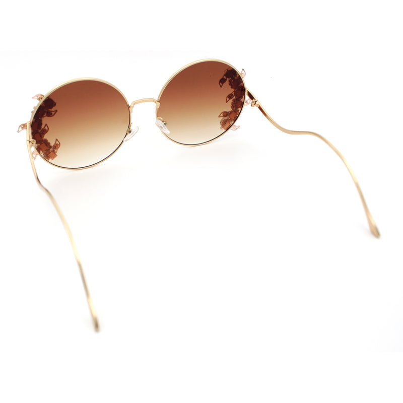 Fancy Rhinestone Floral Trim Round Circle Lens Wavy Arm Sunglasses