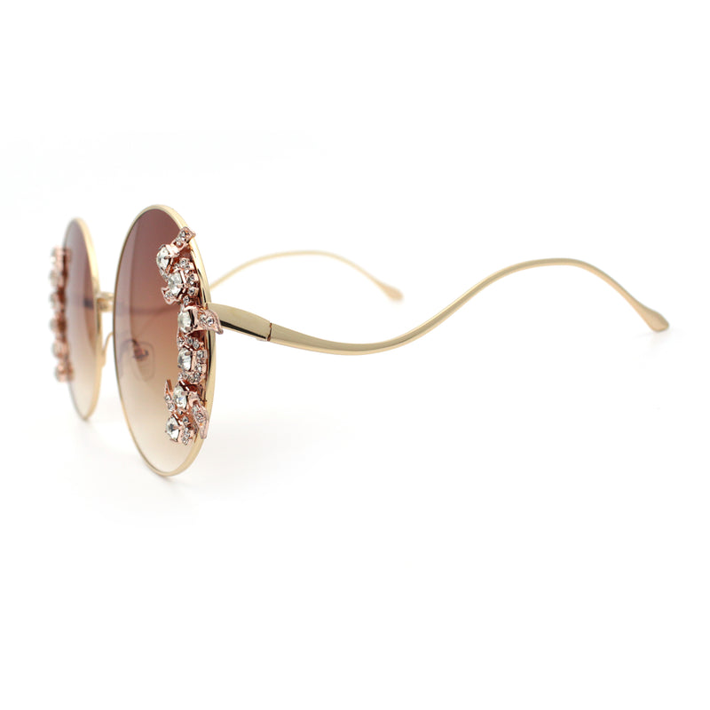 Fancy Rhinestone Floral Trim Round Circle Lens Wavy Arm Sunglasses