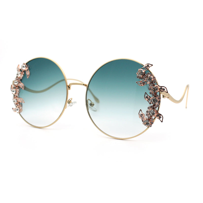 Fancy Rhinestone Floral Trim Round Circle Lens Wavy Arm Sunglasses