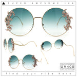 Fancy Rhinestone Floral Trim Round Circle Lens Wavy Arm Sunglasses