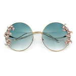 Fancy Rhinestone Floral Trim Round Circle Lens Wavy Arm Sunglasses