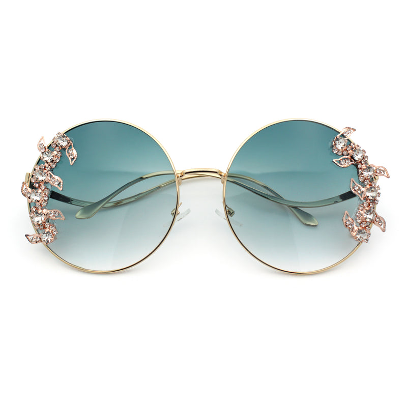 Fancy Rhinestone Floral Trim Round Circle Lens Wavy Arm Sunglasses
