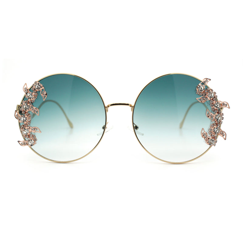 Fancy Rhinestone Floral Trim Round Circle Lens Wavy Arm Sunglasses