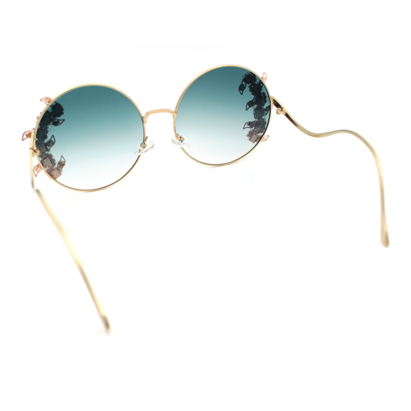 Fancy Rhinestone Floral Trim Round Circle Lens Wavy Arm Sunglasses