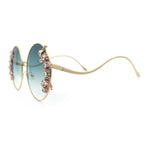 Fancy Rhinestone Floral Trim Round Circle Lens Wavy Arm Sunglasses