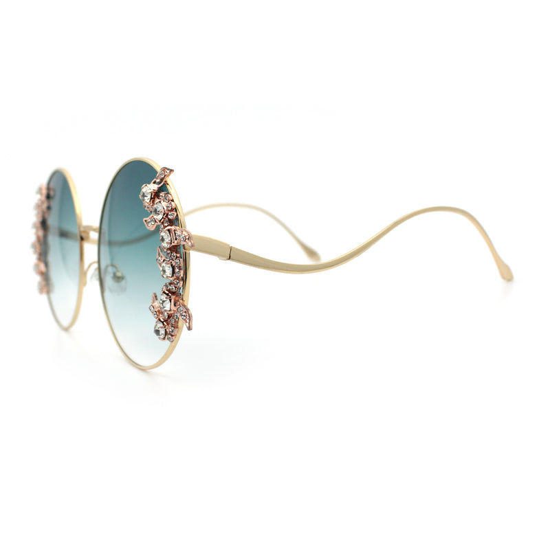 Fancy Rhinestone Floral Trim Round Circle Lens Wavy Arm Sunglasses