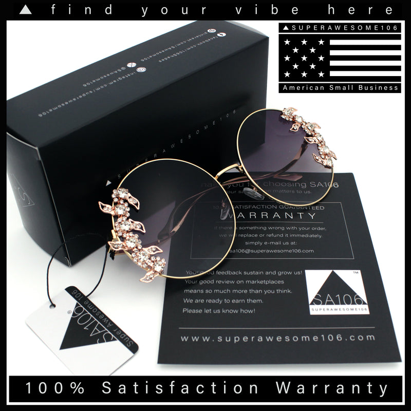 Fancy Rhinestone Floral Trim Round Circle Lens Wavy Arm Sunglasses