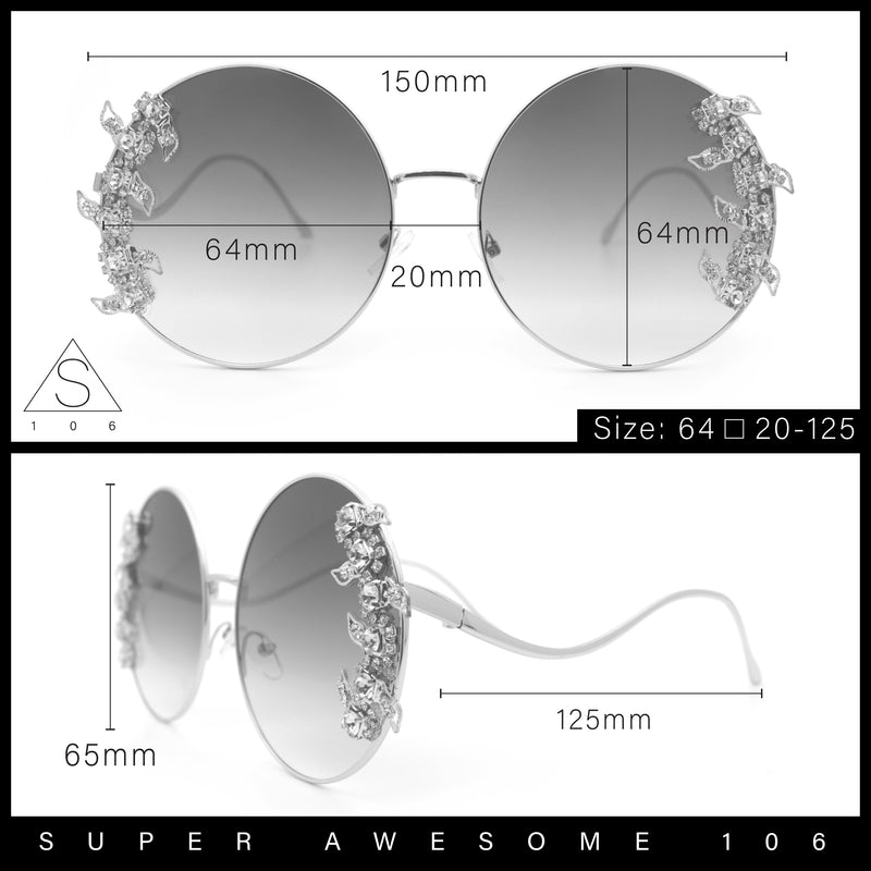 Fancy Rhinestone Floral Trim Round Circle Lens Wavy Arm Sunglasses