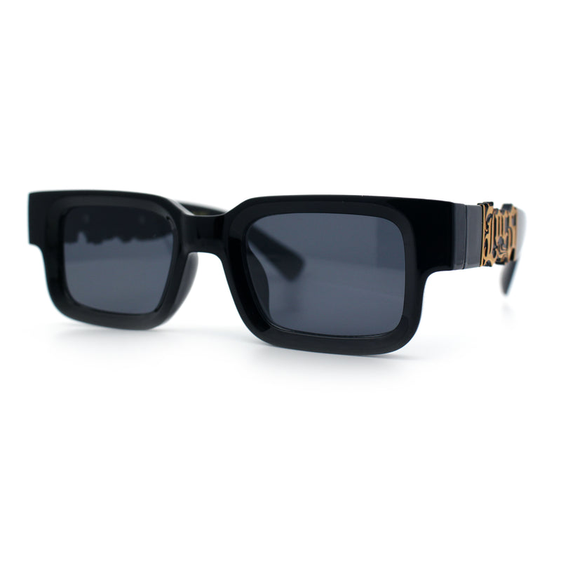 Locs Big Metal Gothic Letter Logo Narrow Rectangle Horn Rim Sunglasses
