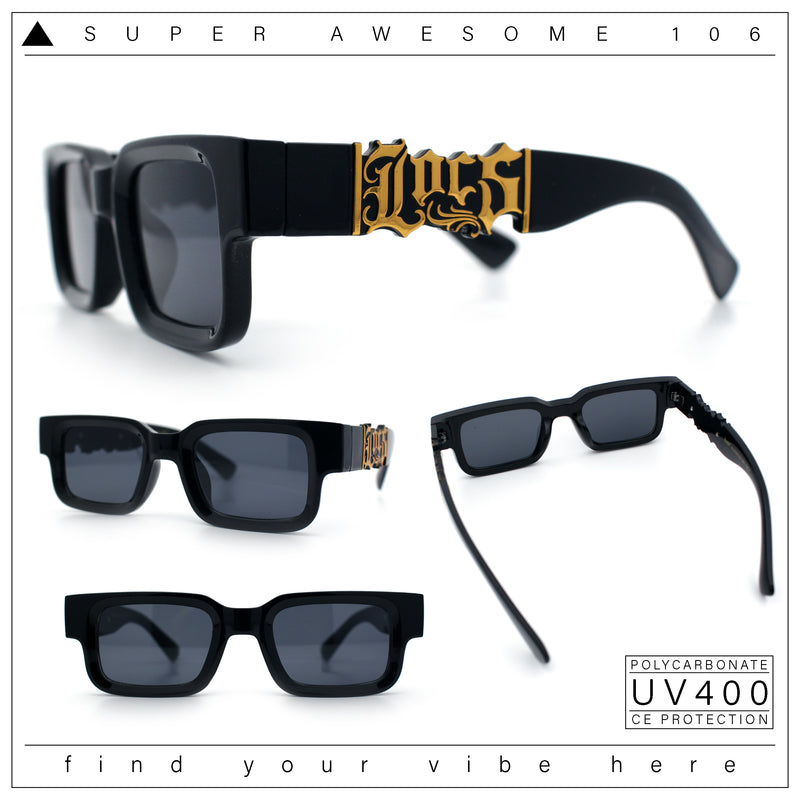 Locs Big Metal Gothic Letter Logo Narrow Rectangle Horn Rim Sunglasses