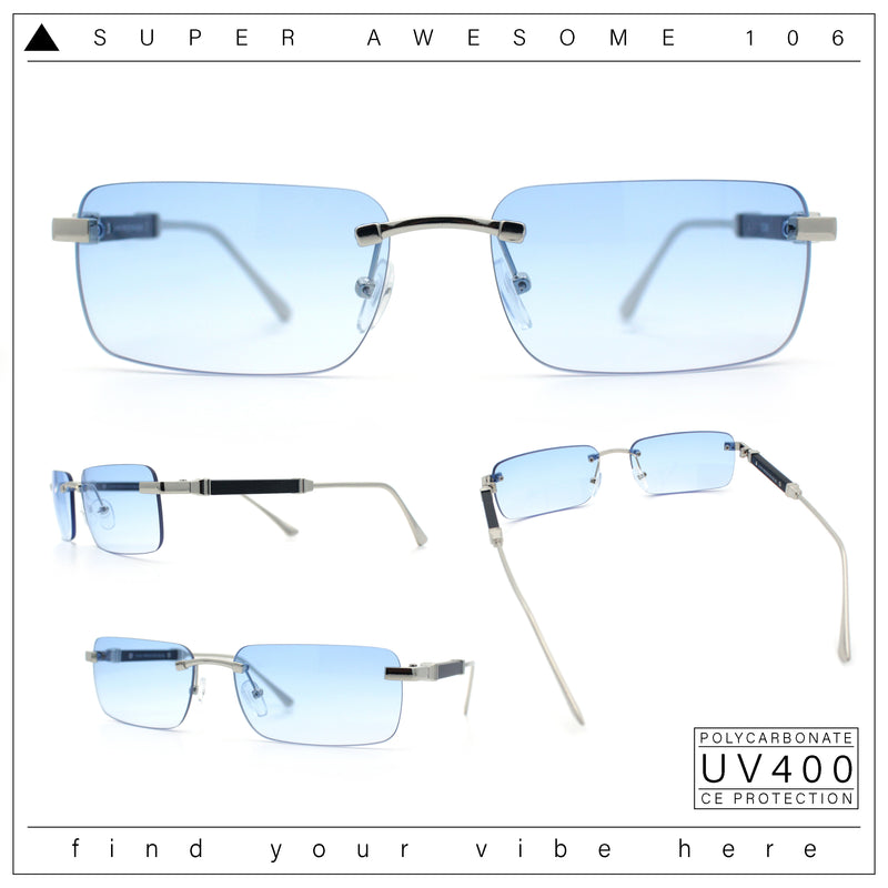 Mens Luxury Hip Hop Rapper Beveled Rimless Narrow Rectangle Sunglasses