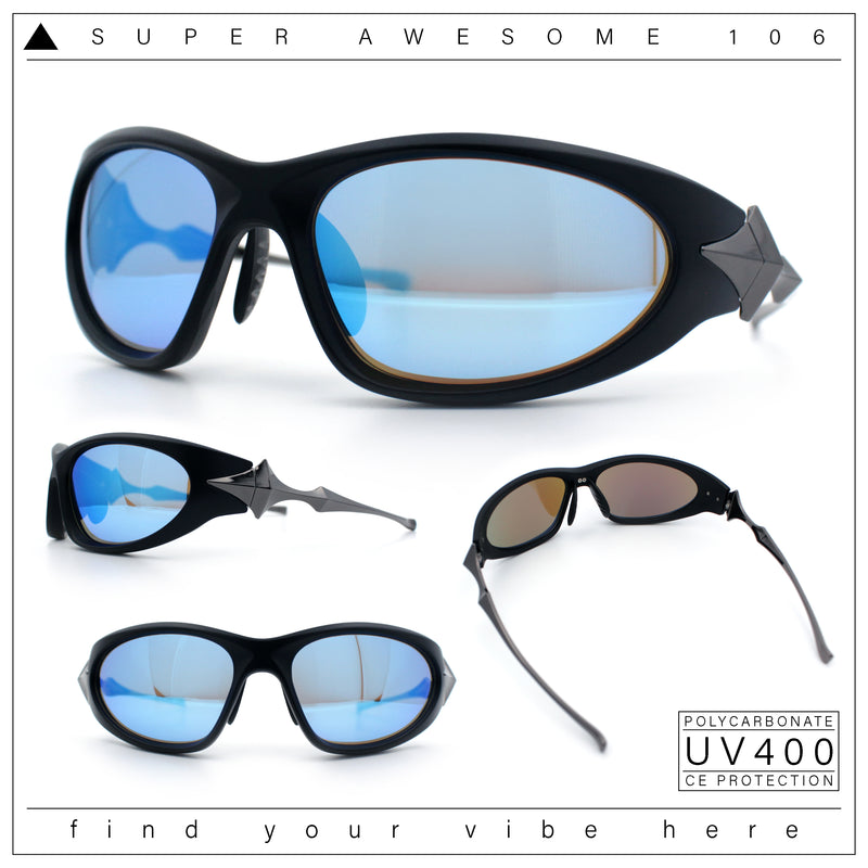 Y2K Oval Wrap Around Plastic Fancy Metal Arm Sunglasses