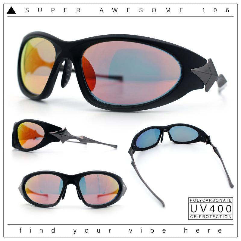 Y2K Oval Wrap Around Plastic Fancy Metal Arm Sunglasses