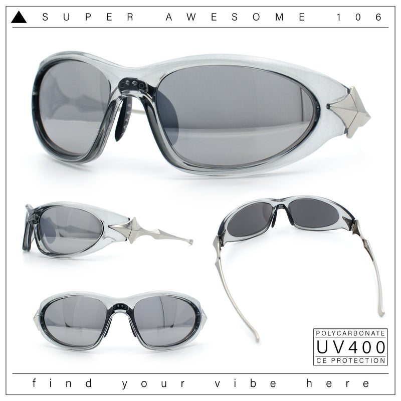 Y2K Oval Wrap Around Plastic Fancy Metal Arm Sunglasses