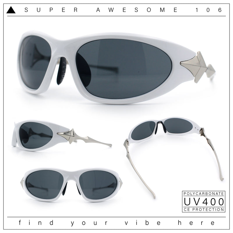 Y2K Oval Wrap Around Plastic Fancy Metal Arm Sunglasses