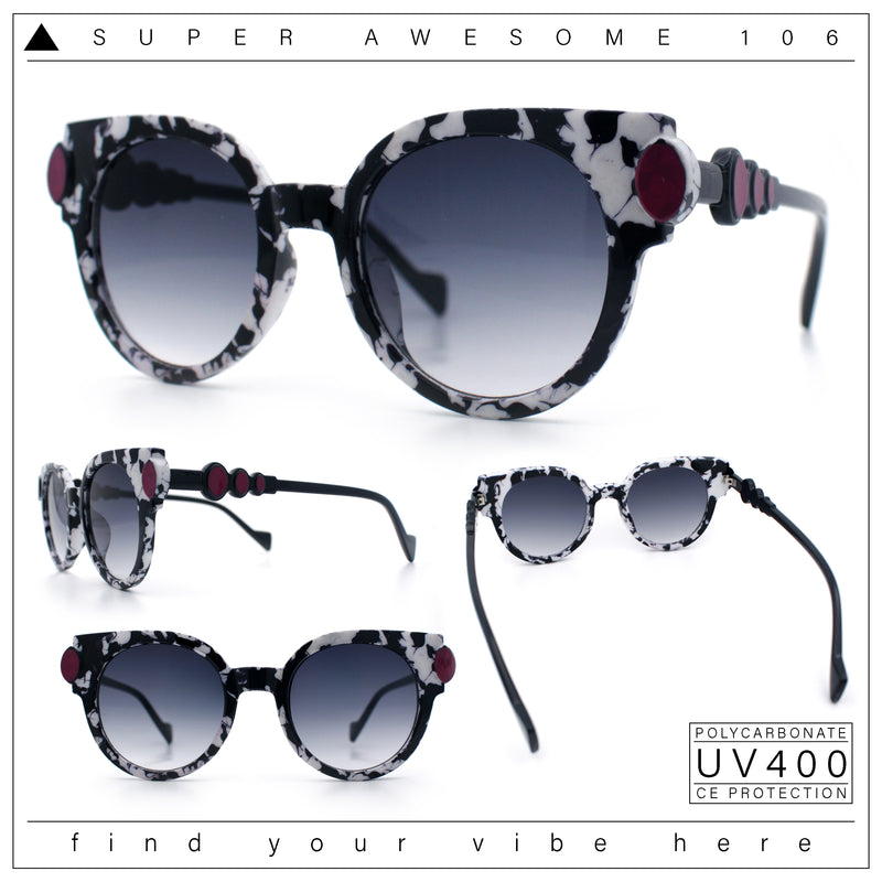 Womens Ornate Fancy Thick Mod Plastic Round Horn Fashion Sunglasses