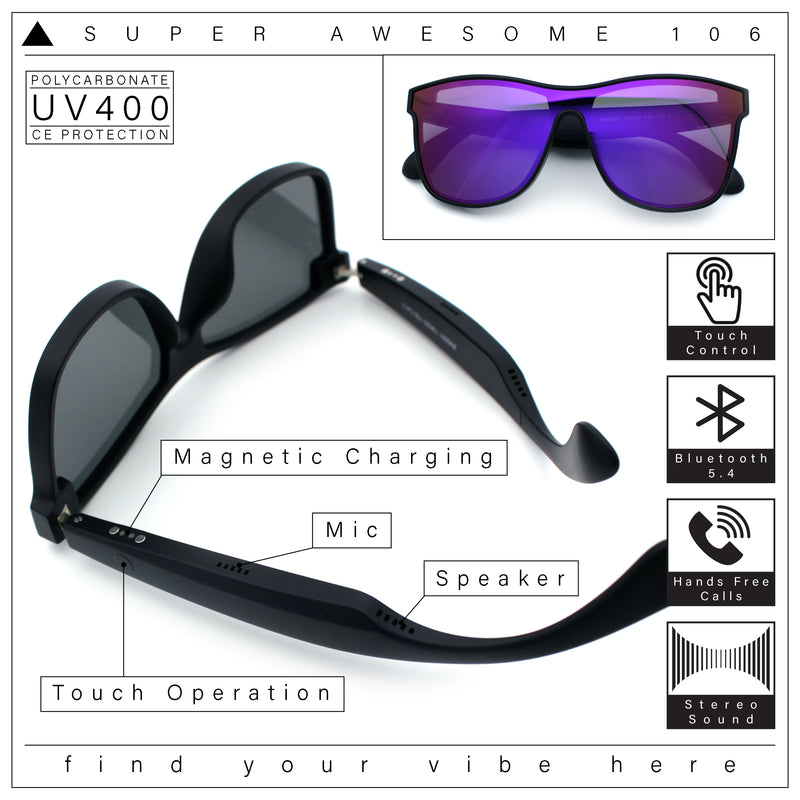 Horn Rim Shield Urban Hipster Color Mirror Bluetooth Smart Speaker Sunglasses