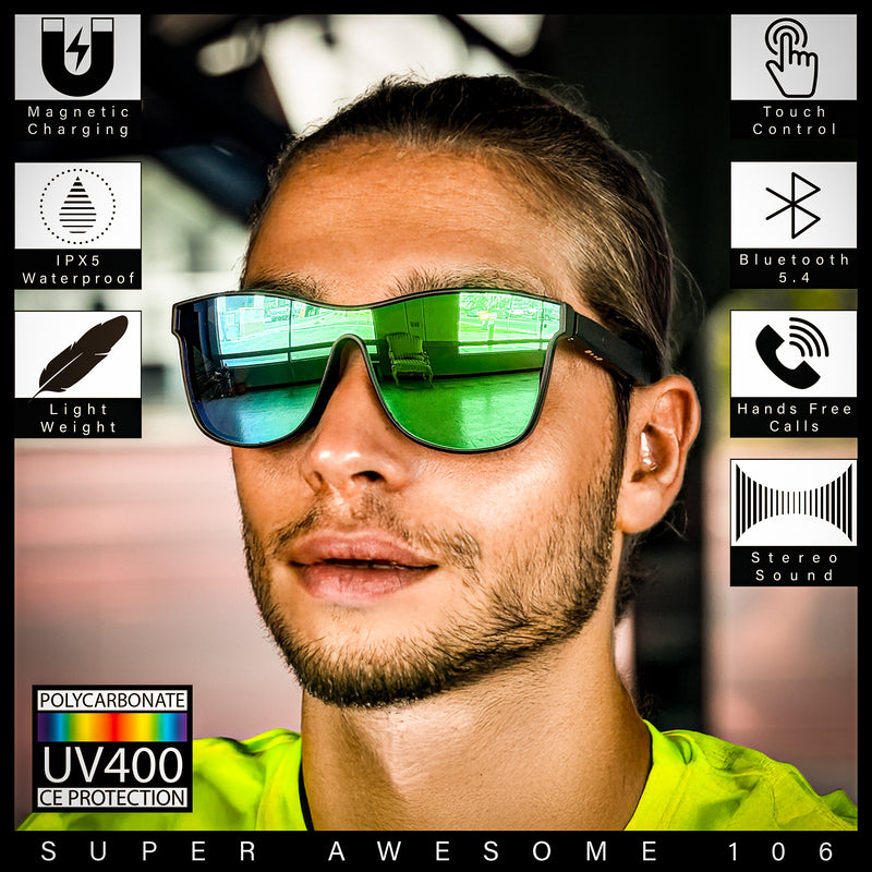 Horn Rim Shield Urban Hipster Color Mirror Bluetooth Smart Speaker Sunglasses