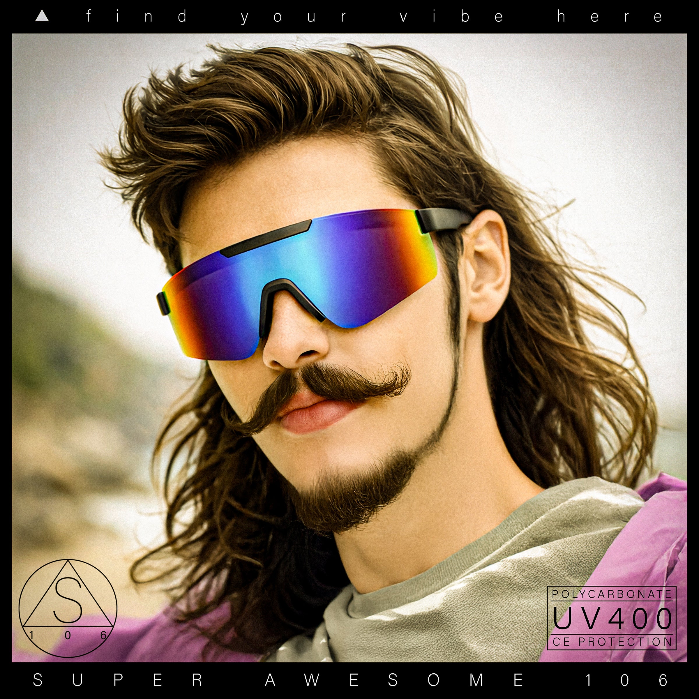 Mens 80s Vibe Color Mirror Rimless Oversized Shield Sport