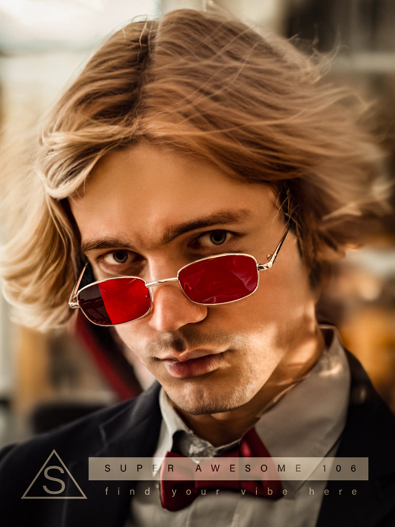 Mens Small Snug Narrow Rectangular Pimp Metal Rim Sunglasses