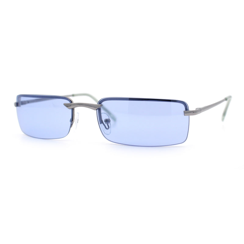 Mens Spring Hinge Narrow Rectangular Rimless Classy Metal Rim Sunglasses