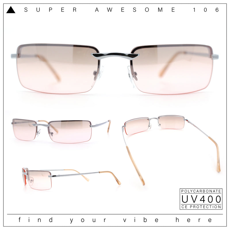 Mens Spring Hinge Narrow Rectangular Rimless Classy Metal Rim Sunglasses