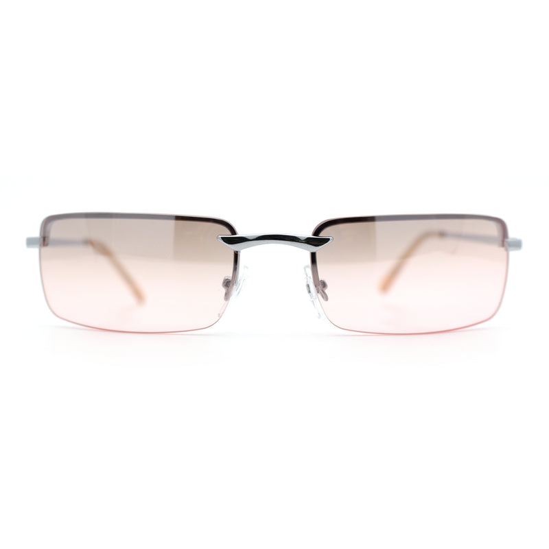Mens Spring Hinge Narrow Rectangular Rimless Classy Metal Rim Sunglasses