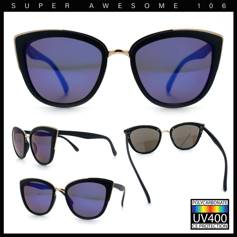 SA106 Womens Color Mirror Reflective Lens Oversize Cat Eye Sunglasses