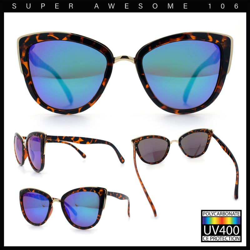 SA106 Womens Color Mirror Reflective Lens Oversize Cat Eye Sunglasses