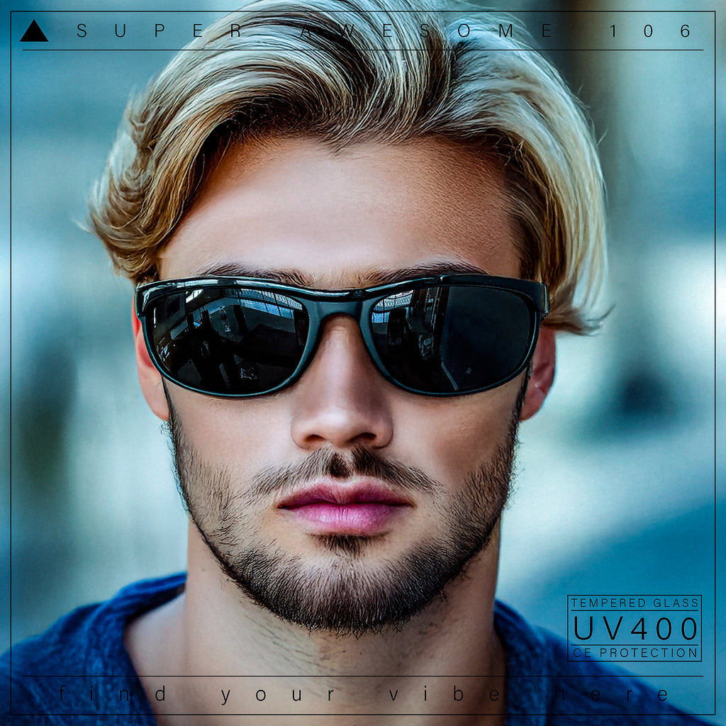 Mens Tempered Glass Lens All Black Oval Rectangle Wrap Biker Sunglasses
