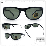 Mens Tempered Glass Lens All Black Oval Rectangle Wrap Biker Sunglasses