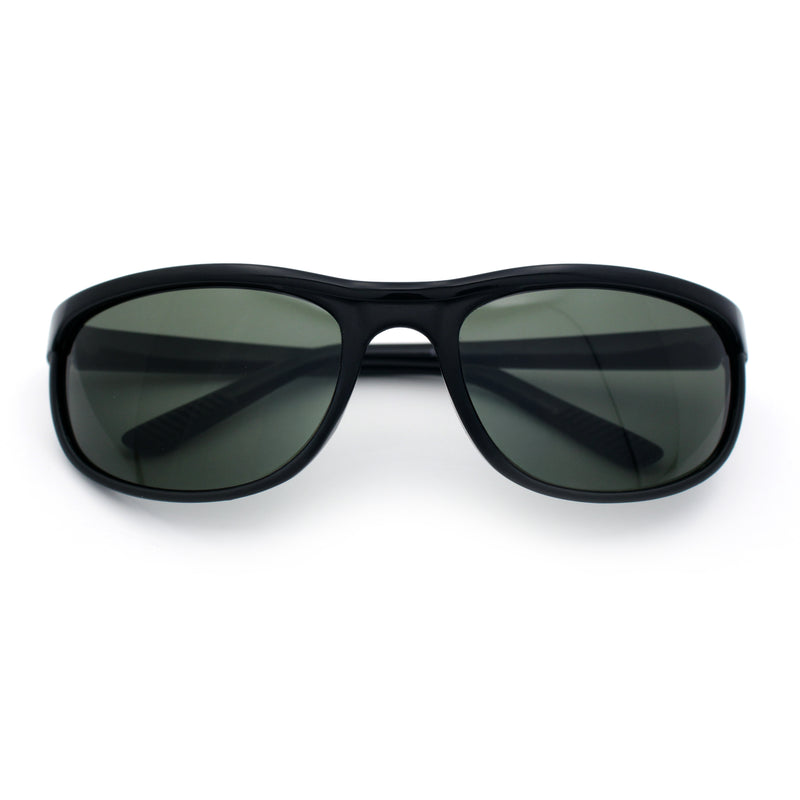 Mens Tempered Glass Lens All Black Oval Rectangle Wrap Biker Sunglasses