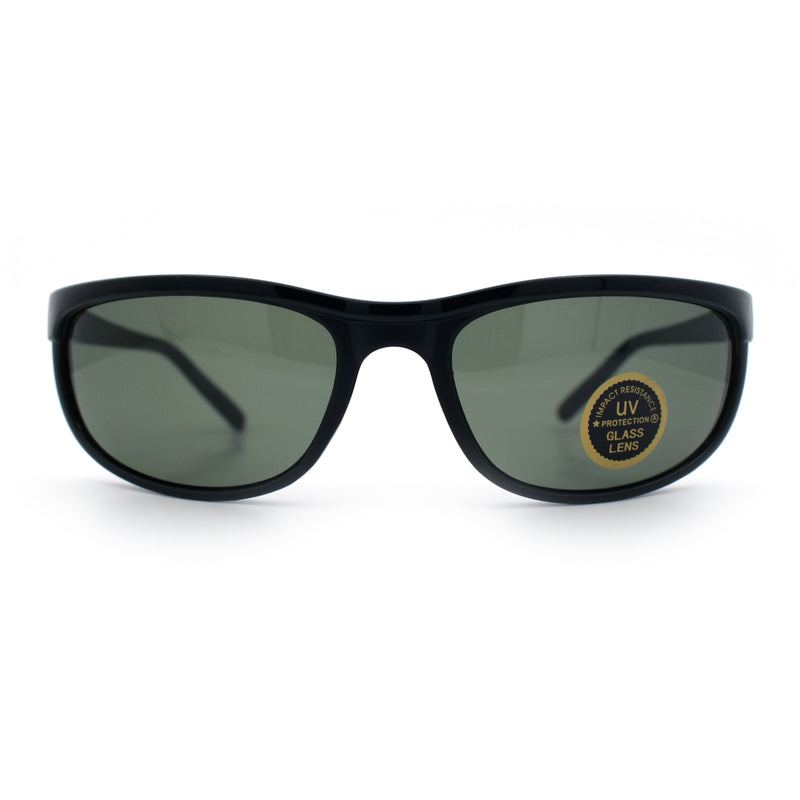 Mens Tempered Glass Lens All Black Oval Rectangle Wrap Biker Sunglasses