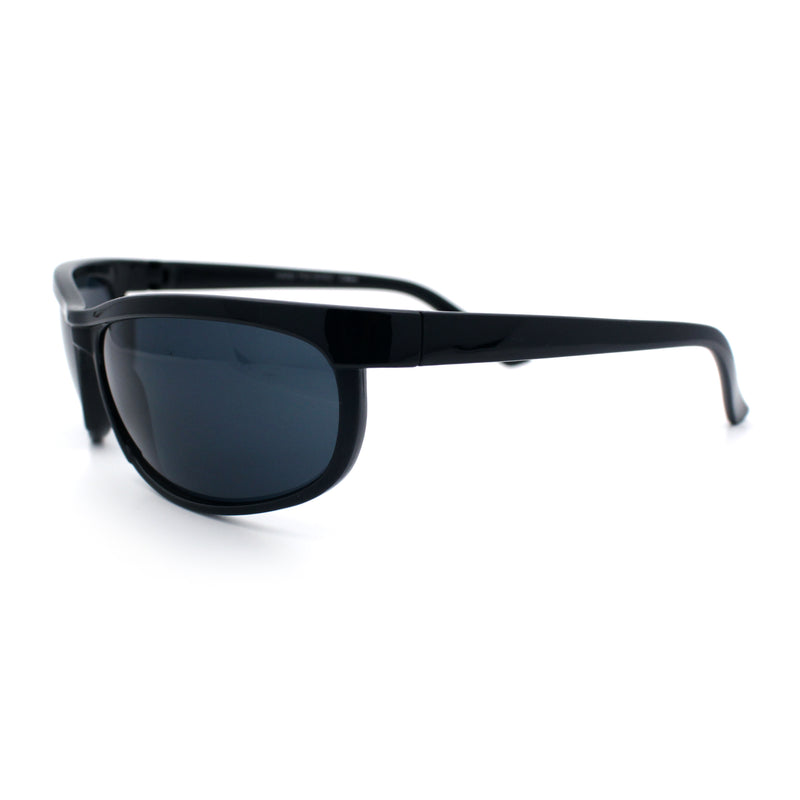 Mens All Black Sport Matte Plastic Biker Style Rectangular Oval Sunglasses