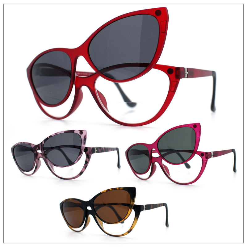 Cateye Magnetic Clip On Polarized Sunglasses On Bifocal Reading Glasses
