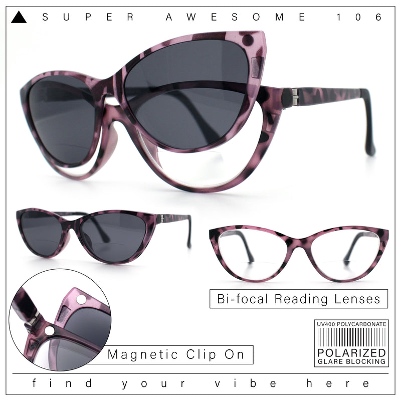 Cateye Magnetic Clip On Polarized Sunglasses On Bifocal Reading Glasses