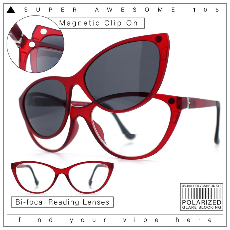 Cateye Magnetic Clip On Polarized Sunglasses On Bifocal Reading Glasses