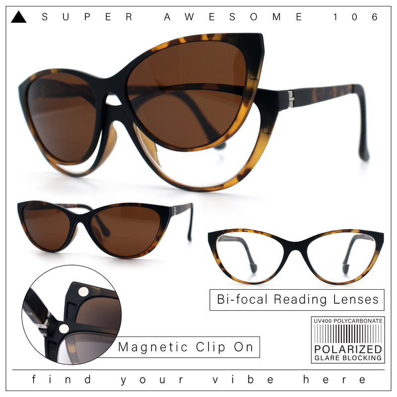 Cateye Magnetic Clip On Polarized Sunglasses On Bifocal Reading Glasses