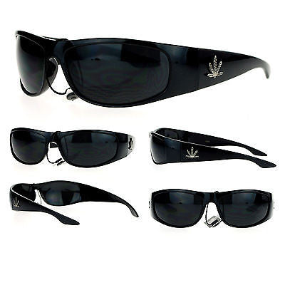 SA106 Mens All Black Marijuana Pot Leaf Gangster Warp Biker Sunglasses