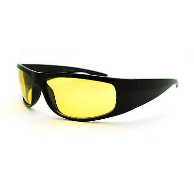 Mens Night Vision Yellow Lens Classic Thick Biker Warp Around Plastic Sunglasses