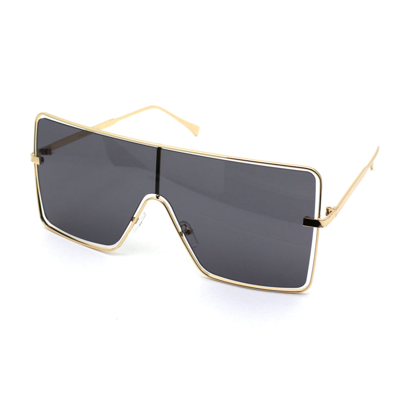 Unique Luxury Exposed Lens Off Set Shield Metal Rim Sunglasses