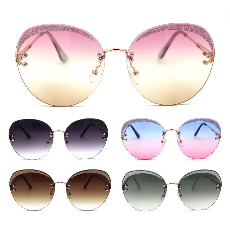 Womens Glitter Eyebrow Round Rimless Fashion Sunglasses