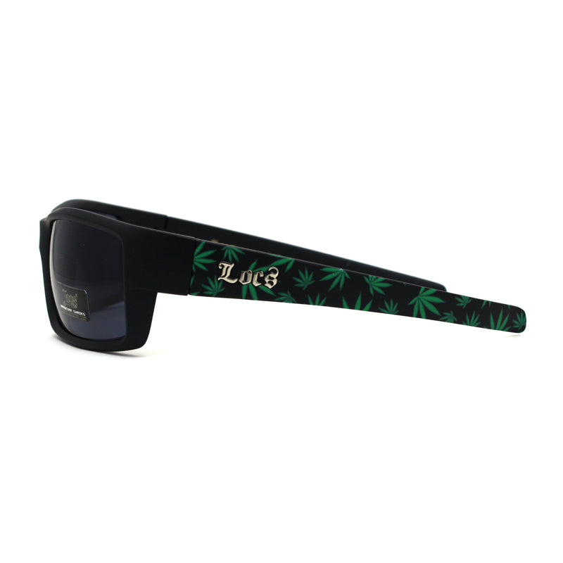 Mens Locs Weed Pattern Arm Biker Gangster Rectangular Black Sunglasses