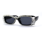 Womens Luxury Large Gem Rhinestone Jewel Narrow Rectangular Sunglasses