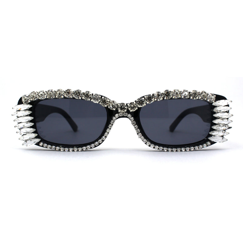 Womens Luxury Large Gem Rhinestone Jewel Narrow Rectangular Sunglasses