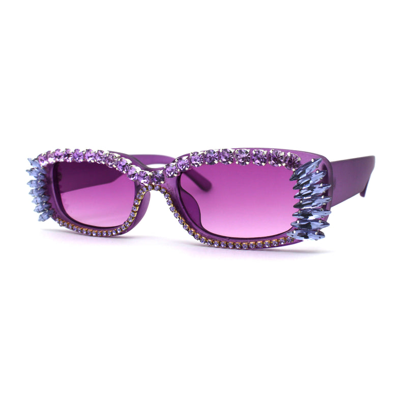 Womens Luxury Large Gem Rhinestone Jewel Narrow Rectangular Sunglasses