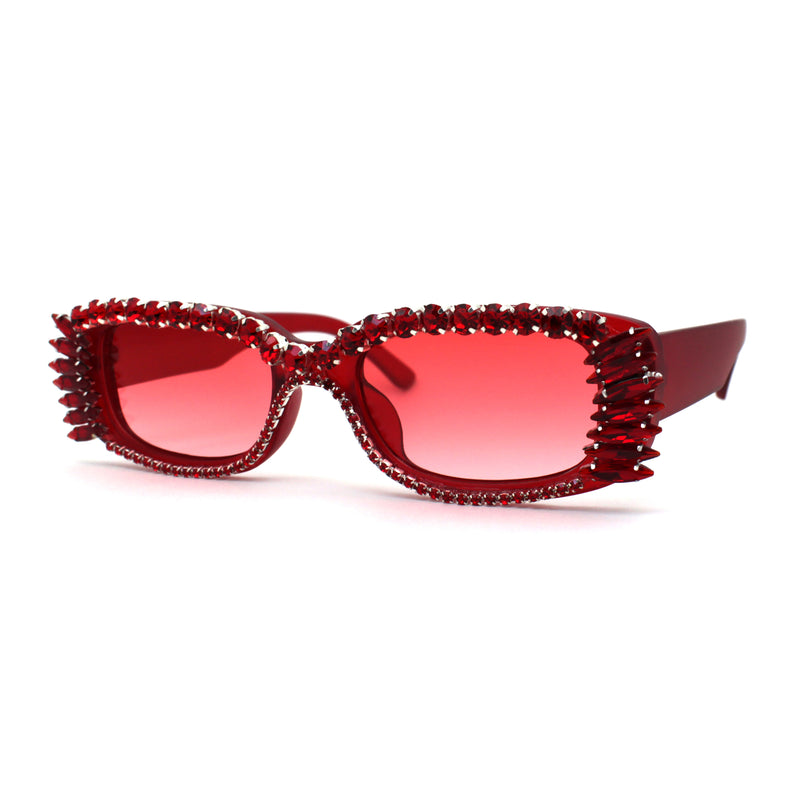 Womens Luxury Large Gem Rhinestone Jewel Narrow Rectangular Sunglasses