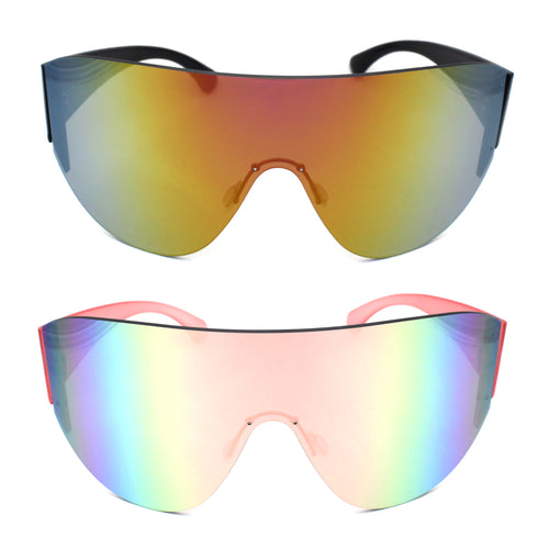 XL Oversize Mirrored Lens Shield Rimless Sunglasses